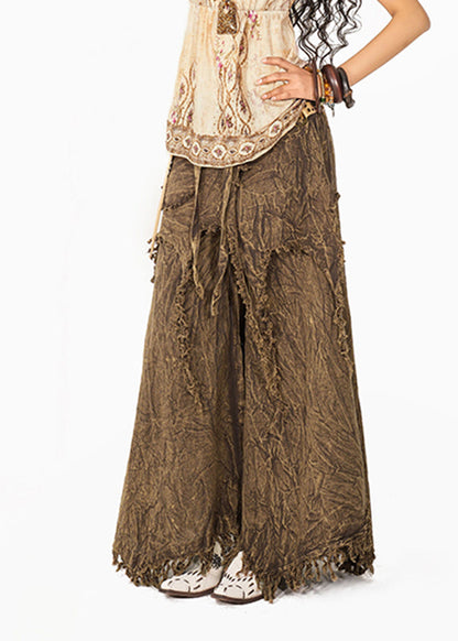 Chic Coffee High Waist Tassel Wide Leg Pants Summer