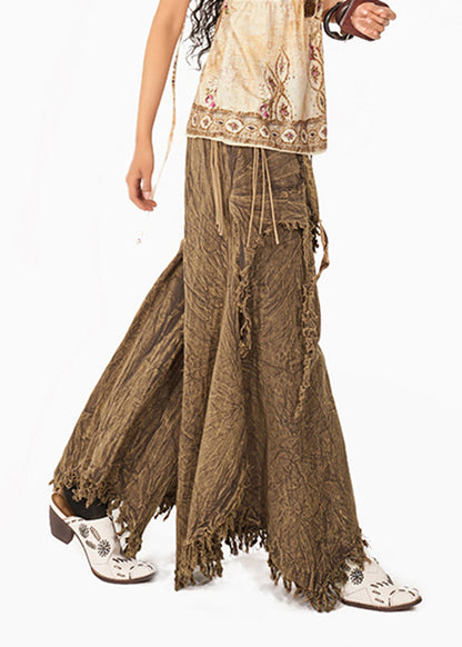 Chic Coffee High Waist Tassel Wide Leg Pants Summer