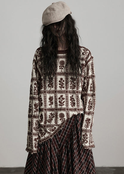 Suéter de punto jacquard con cuello redondo y color café chic para invierno