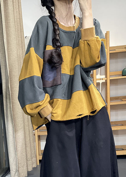 Chic Coffee O-Neck Striped Hole Casual Fall Pullover Sweatshirt