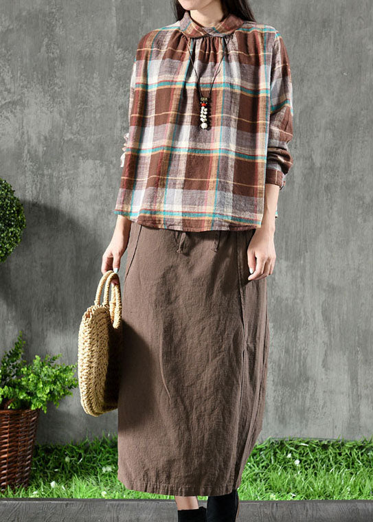 Chic Kaffee Plaid Peter Pan Kragen Patchwork Leinen Bluse Tops Frühling