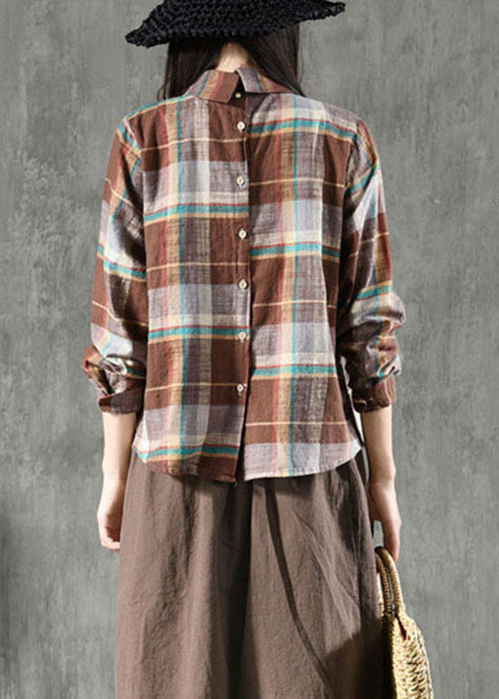 Chic Kaffee Plaid Peter Pan Kragen Patchwork Leinen Bluse Tops Frühling