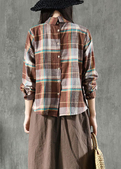 Chic Kaffee Plaid Peter Pan Kragen Patchwork Leinen Bluse Tops Frühling