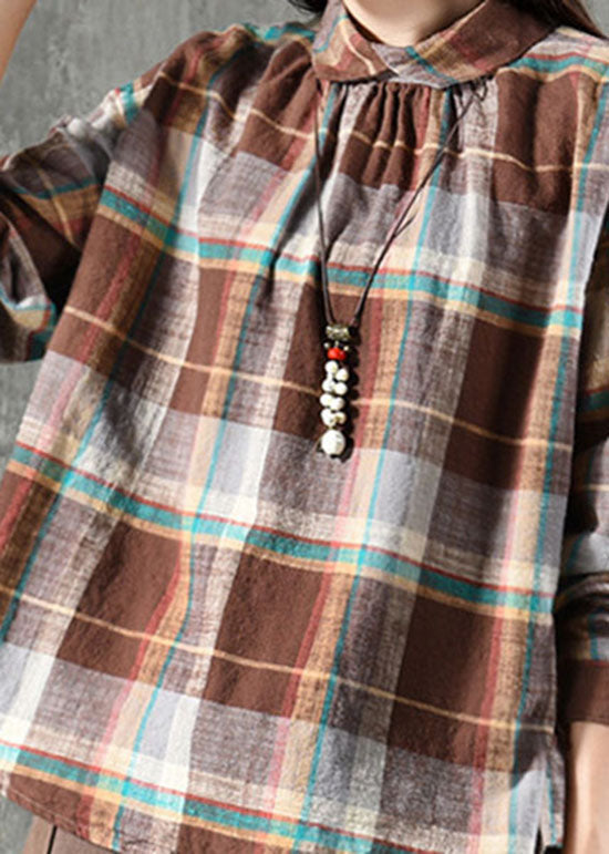 Chic Kaffee Plaid Peter Pan Kragen Patchwork Leinen Bluse Tops Frühling
