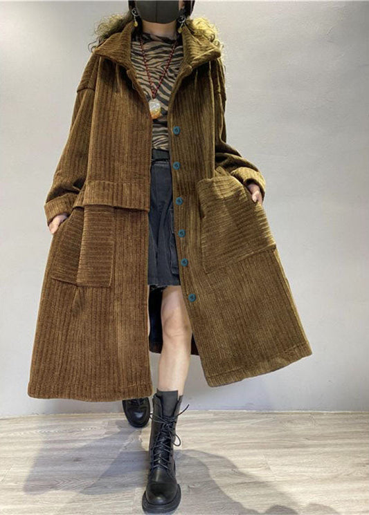 Chic Kaffee Taschen Knopf Cord Lose Herbst Langarm Mäntel
