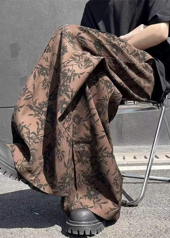Chic Coffee Print High Waist Cotton Men Wide Leg Pants Summer