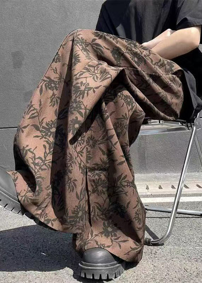 Chic Coffee Print High Waist Cotton Men Wide Leg Pants Summer