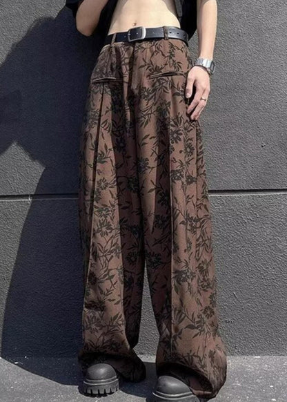 Chic Coffee Print High Waist Cotton Men Wide Leg Pants Summer