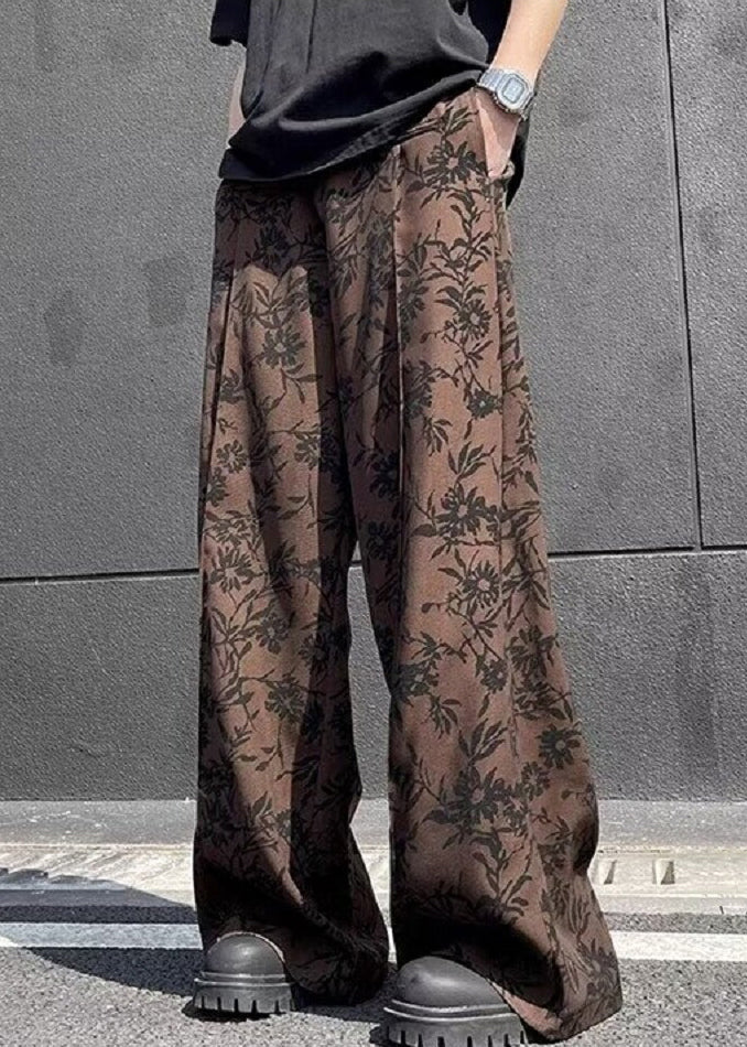 Chic Coffee Print High Waist Cotton Men Wide Leg Pants Summer