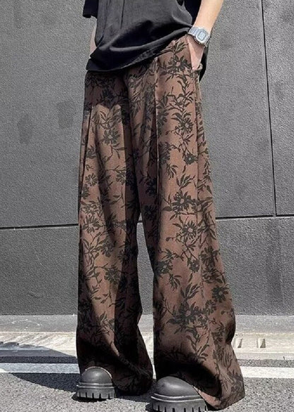Chic Coffee Print High Waist Cotton Men Wide Leg Pants Summer