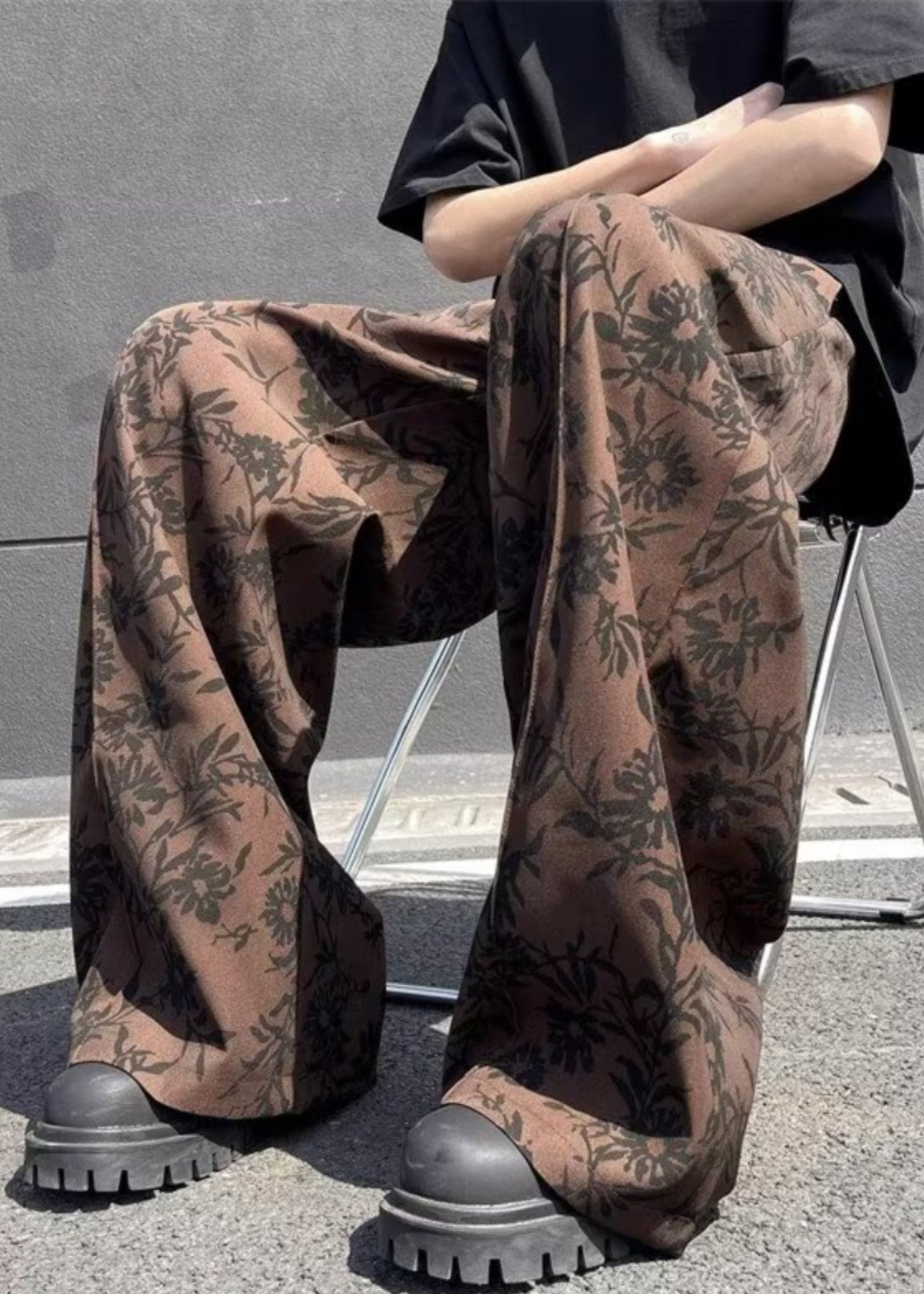 Chic Coffee Print High Waist Cotton Men Wide Leg Pants Summer