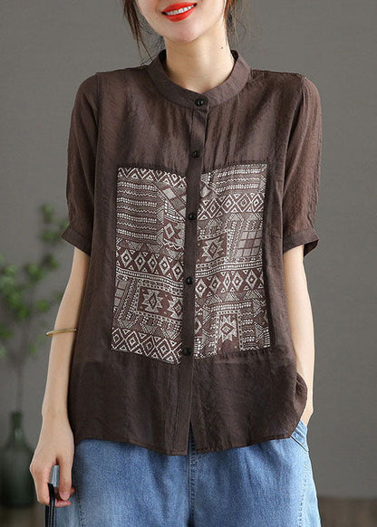 Top de algodón con cuello alto, estampado de patchwork y manga corta, estilo café chic