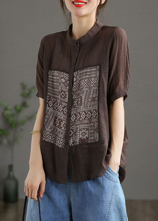 Top de algodón con cuello alto, estampado de patchwork y manga corta, estilo café chic