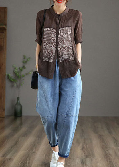 Top de algodón con cuello alto, estampado de patchwork y manga corta, estilo café chic