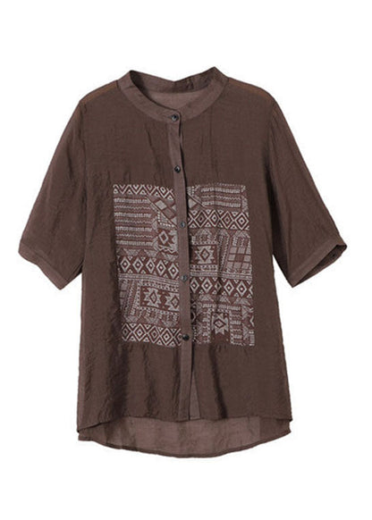 Top de algodón con cuello alto, estampado de patchwork y manga corta, estilo café chic