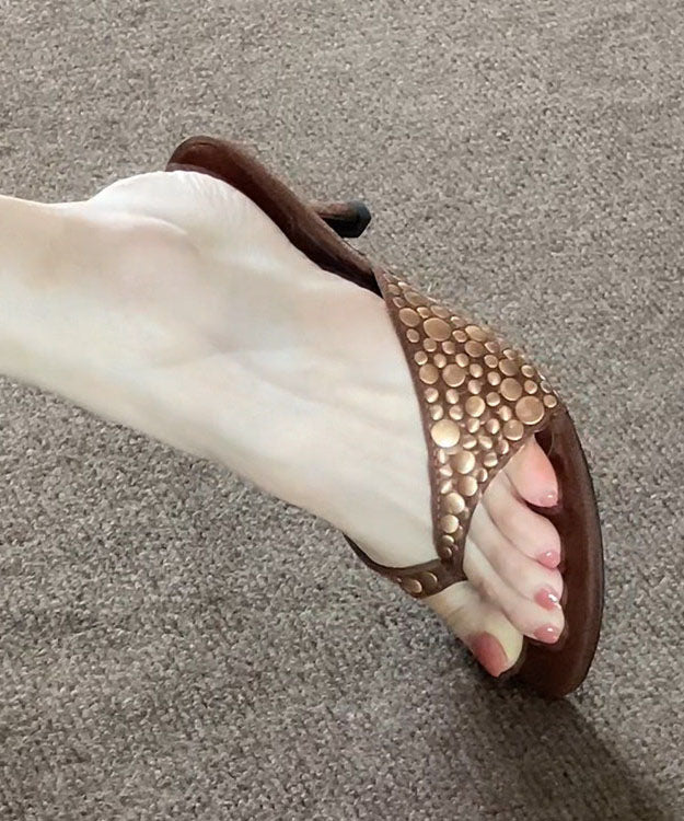 Chic Coffee Suede Riveted High Heel Flip Flops