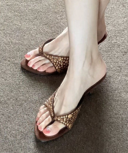 Chic Coffee Suede Riveted High Heel Flip Flops