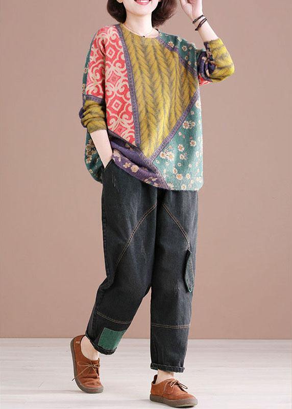 Chic Color Block O-Neck Print Cotton Sweater - SooLinen