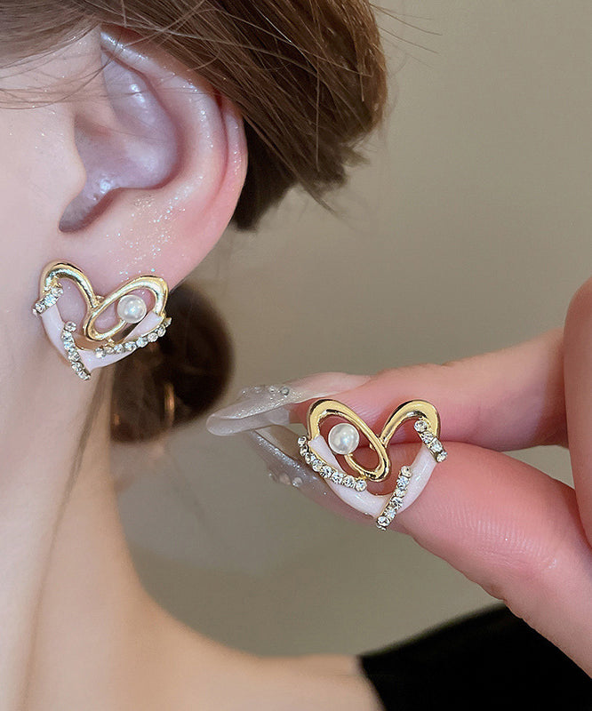 Chic Colorblock Alloy Zircon Pearl Love Drip Glaze Stud Earrings
