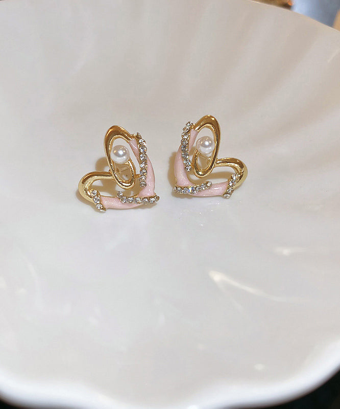Chic Colorblock Alloy Zircon Pearl Love Drip Glaze Stud Earrings