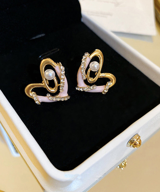 Chic Colorblock Alloy Zircon Pearl Love Drip Glaze Stud Earrings