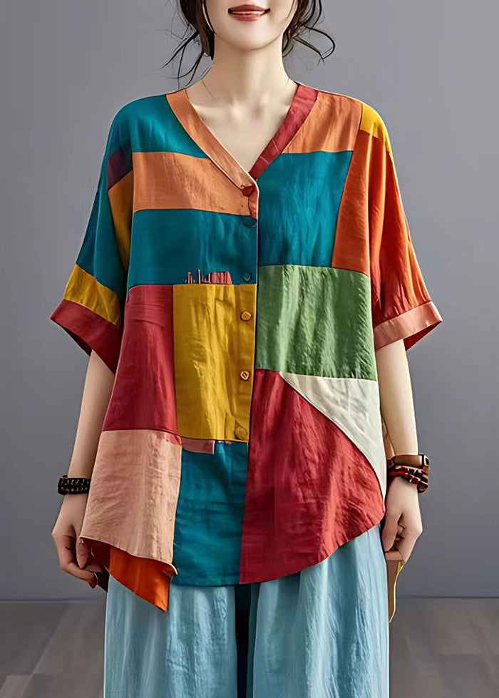 Schickes Colorblock Asymmetrisches Patchwork Applique Leinenhemd Top Sommer