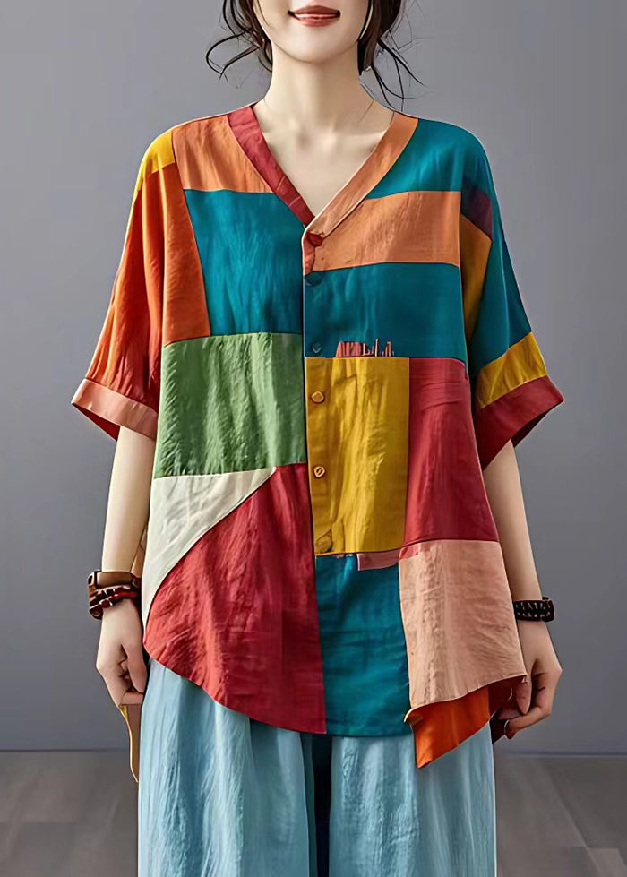 Schickes Colorblock Asymmetrisches Patchwork Applique Leinenhemd Top Sommer