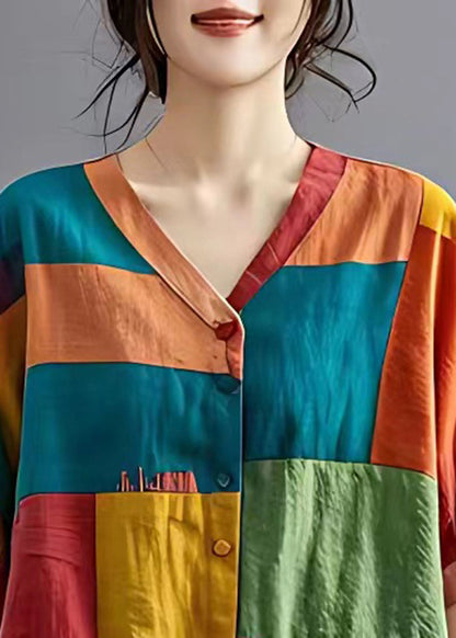 Schickes Colorblock Asymmetrisches Patchwork Applique Leinenhemd Top Sommer