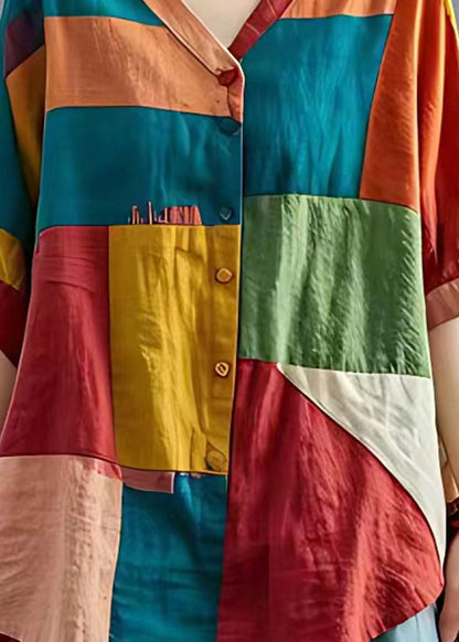 Schickes Colorblock Asymmetrisches Patchwork Applique Leinenhemd Top Sommer