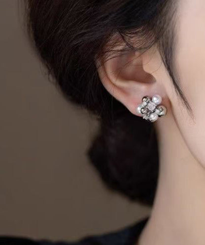 Chic Colorblock Copper Zircon Pearl Stud Earrings