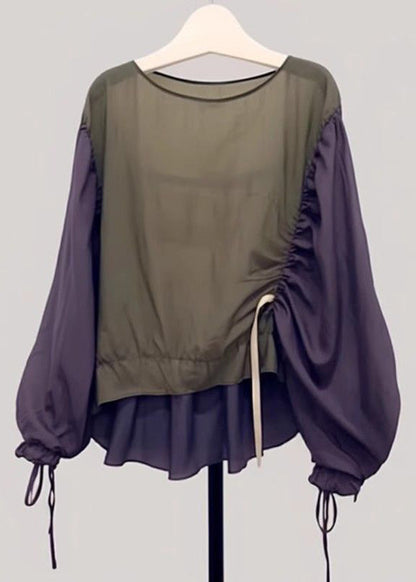 Chic Colorblock Drawstring Patchwork Shirt Lantern Sleeve