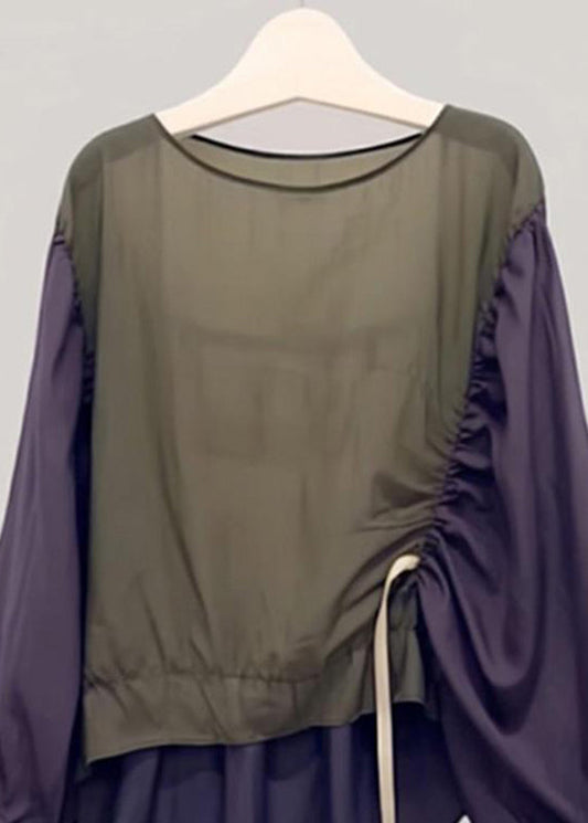 Chic Colorblock Drawstring Patchwork Shirt Lantern Sleeve