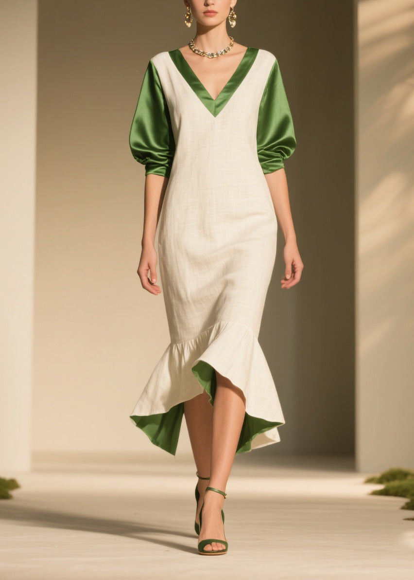 Chic Colorblock Ruffled Patchwork Linen Silk Dress Summer