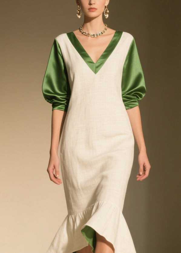 Chic Colorblock Ruffled Patchwork Linen Silk Dress Summer