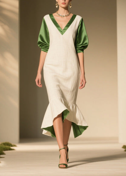Chic Colorblock Ruffled Patchwork Linen Silk Dress Summer