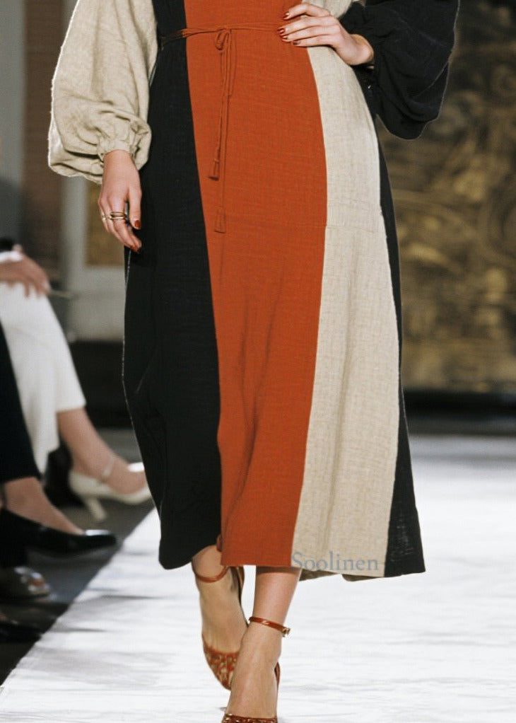 Schicke Baumwollkleider mit Farbblock-Design, asymmetrischem Bindegürtel und Taillengürtel für den Frühling