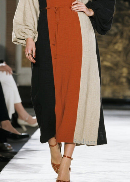 Schicke Baumwollkleider mit Farbblock-Design, asymmetrischem Bindegürtel und Taillengürtel für den Frühling