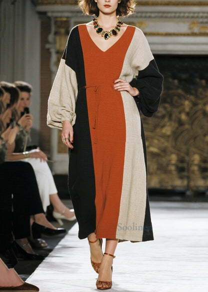 Schicke Baumwollkleider mit Farbblock-Design, asymmetrischem Bindegürtel und Taillengürtel für den Frühling