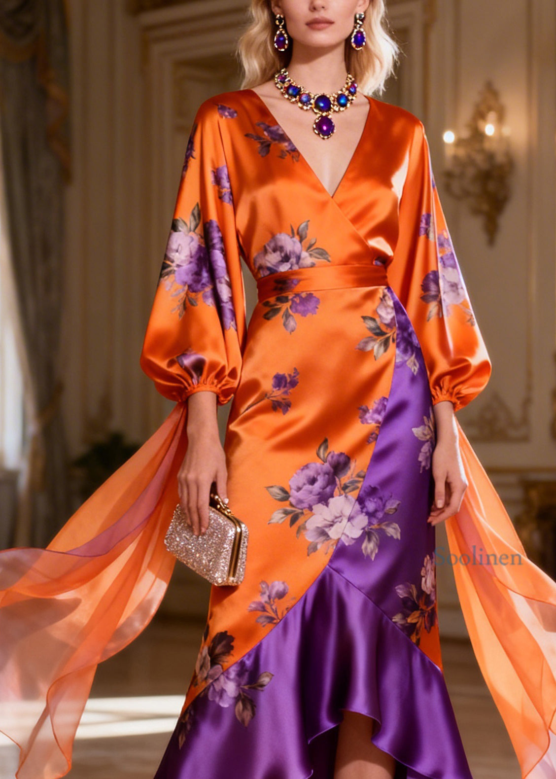 Chic Colorblock V Neck Asymmetrical Design Patchwork Silk Dress Summer