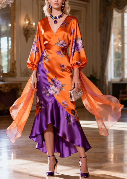 Chic Colorblock V Neck Asymmetrical Design Patchwork Silk Dress Summer