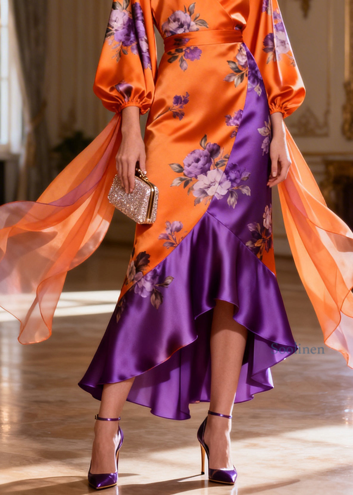 Chic Colorblock V Neck Asymmetrical Design Patchwork Silk Dress Summer