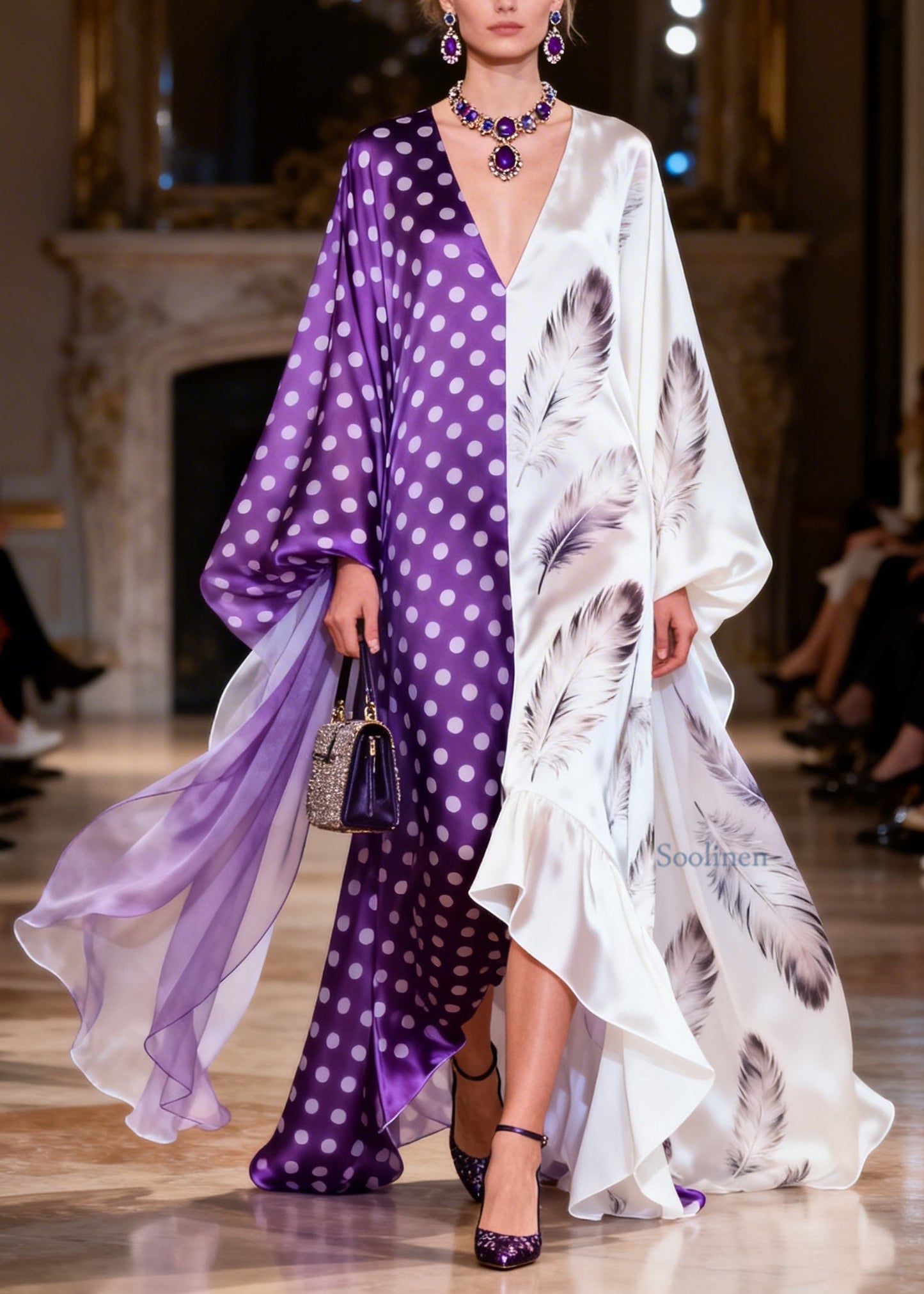 Chic Colorblock V Neck Ruffled Print Patchwork Silk Dresses Summer