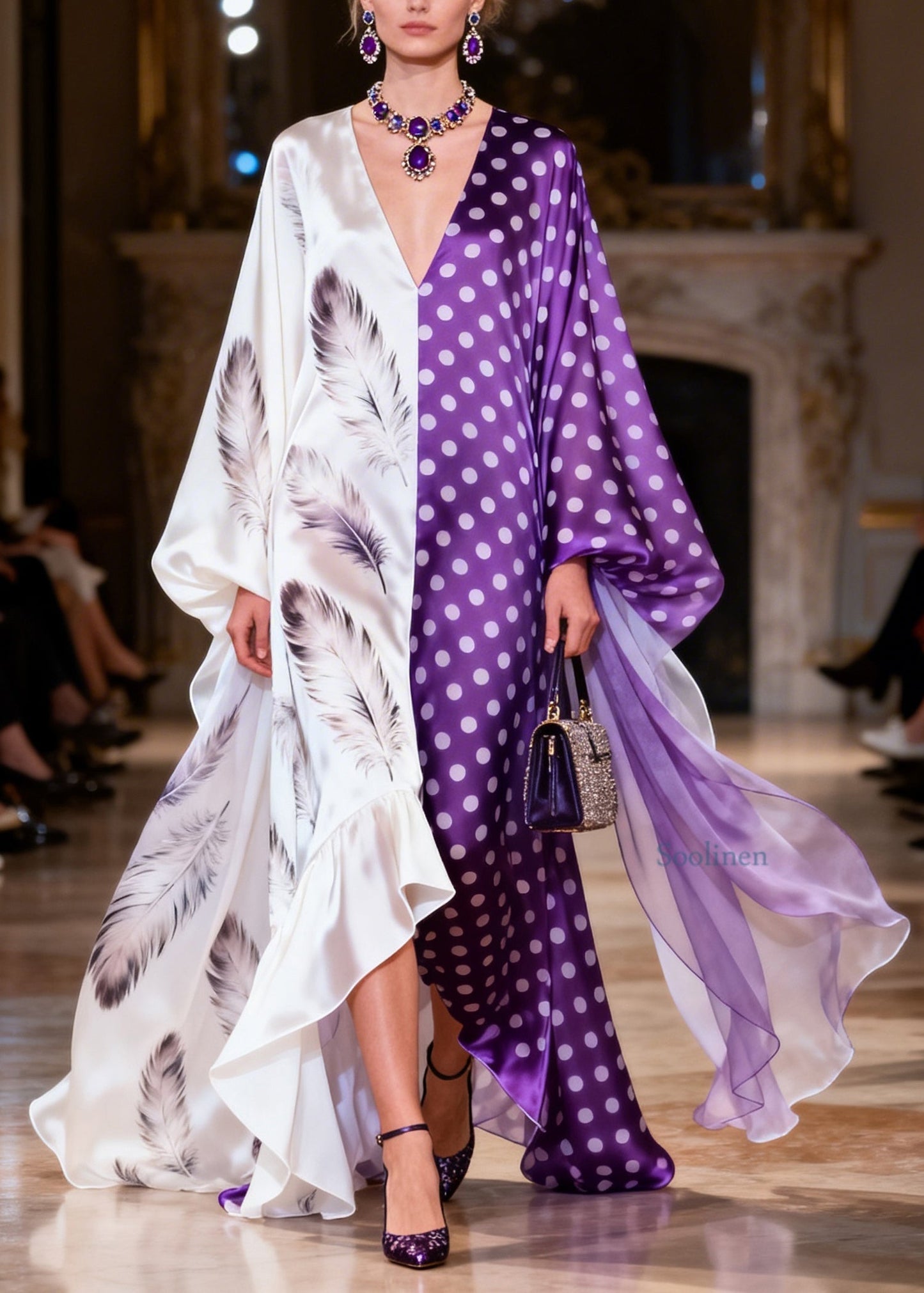 Chic Colorblock V Neck Ruffled Print Patchwork Silk Dresses Summer
