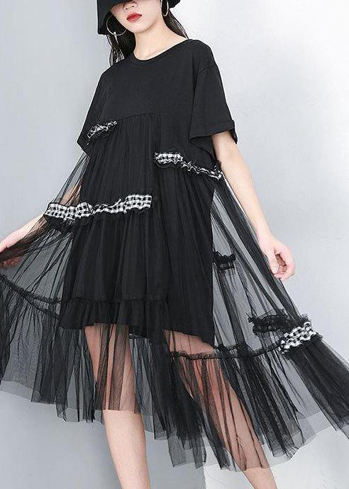 Chic Cotton Tunics 18th Century Irregular Round Neck Spliced Mesh Dress - SooLinen