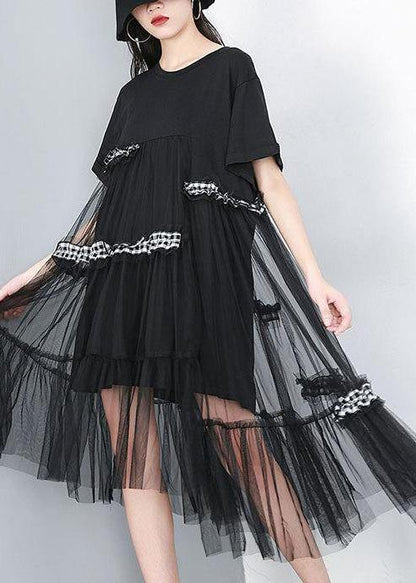 Chic Cotton Tunics 18th Century Irregular Round Neck Spliced Mesh Dress - SooLinen