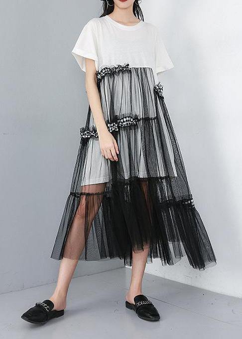 Chic Cotton Tunics 18th Century Irregular Round Neck Spliced Mesh Dress - SooLinen