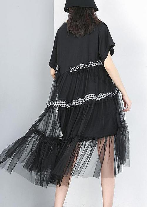 Chic Cotton Tunics 18th Century Irregular Round Neck Spliced Mesh Dress - SooLinen