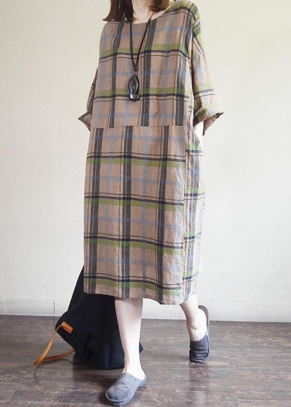 Chic Cotton tunic top 2019 Vintage Plaid Round Neck Cotton Linen Dress - SooLinen