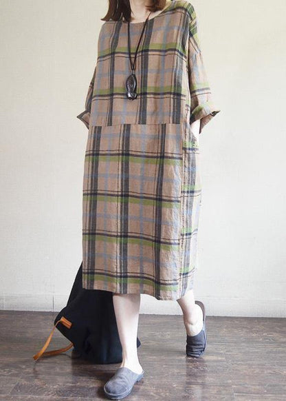 Chic Cotton tunic top 2019 Vintage Plaid Round Neck Cotton Linen Dress - SooLinen