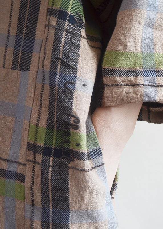 Chic Cotton tunic top 2019 Vintage Plaid Round Neck Cotton Linen Dress - SooLinen